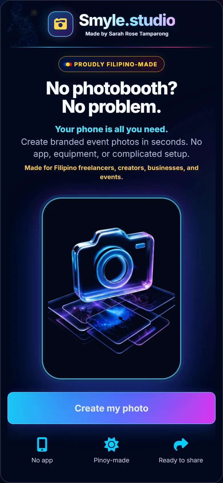 The Smyle.Studio welcome screen with the Create my photo button