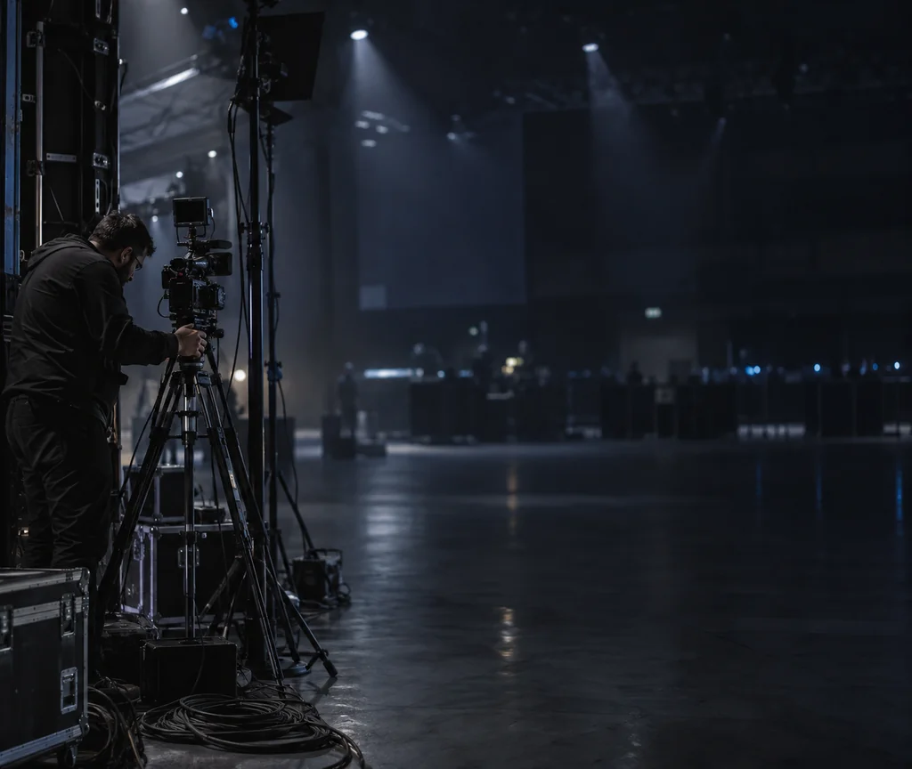 Event equipment, camera stands and cables being arranged