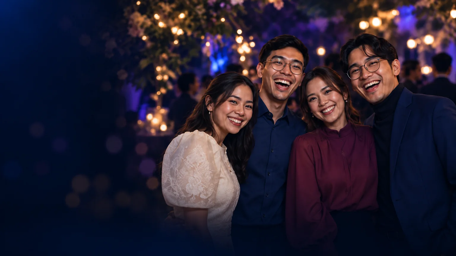 Friends celebrating together at an evening event