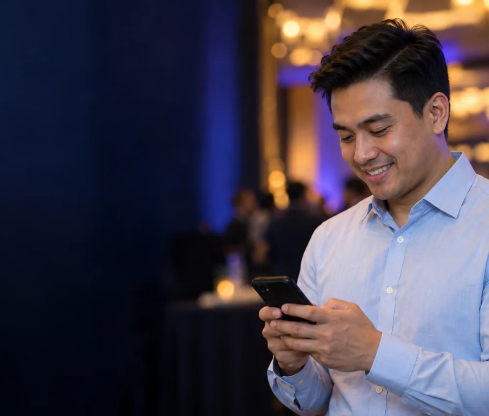 A guest smiling while using his phone at an event